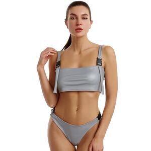 Women 2 Piece Swimsuit Reflective Silver Bikini Set Large Buckle Strap High Cut